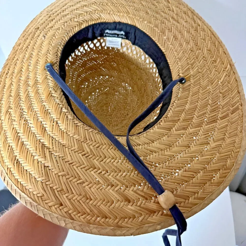 Panama Jack Straw Sun Hat Wide Brim Beach Lifeguard Hat Chin Strap Size Medium